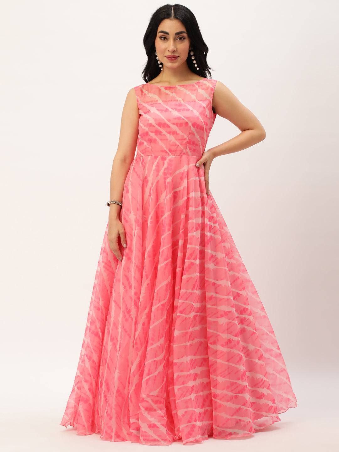 Flamingo Pink Organza Leheriya Digital Print Gown