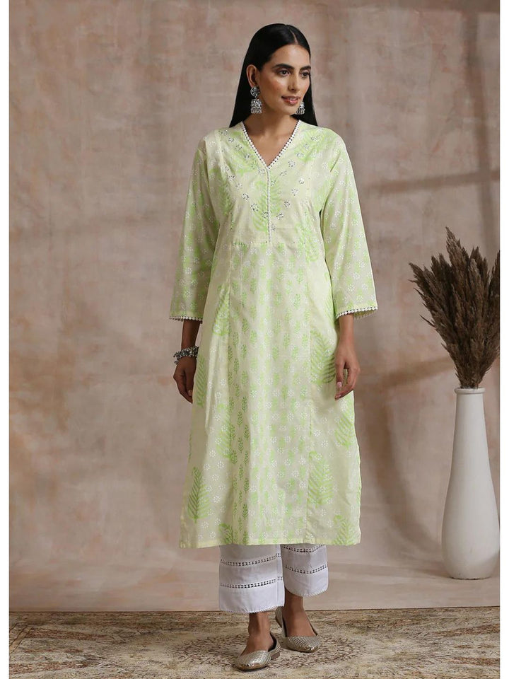 Fluorescent Green Khari Printed A-Line Kurta