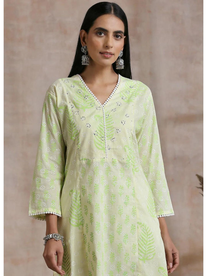 Fluorescent Green Khari Printed A-Line Kurta