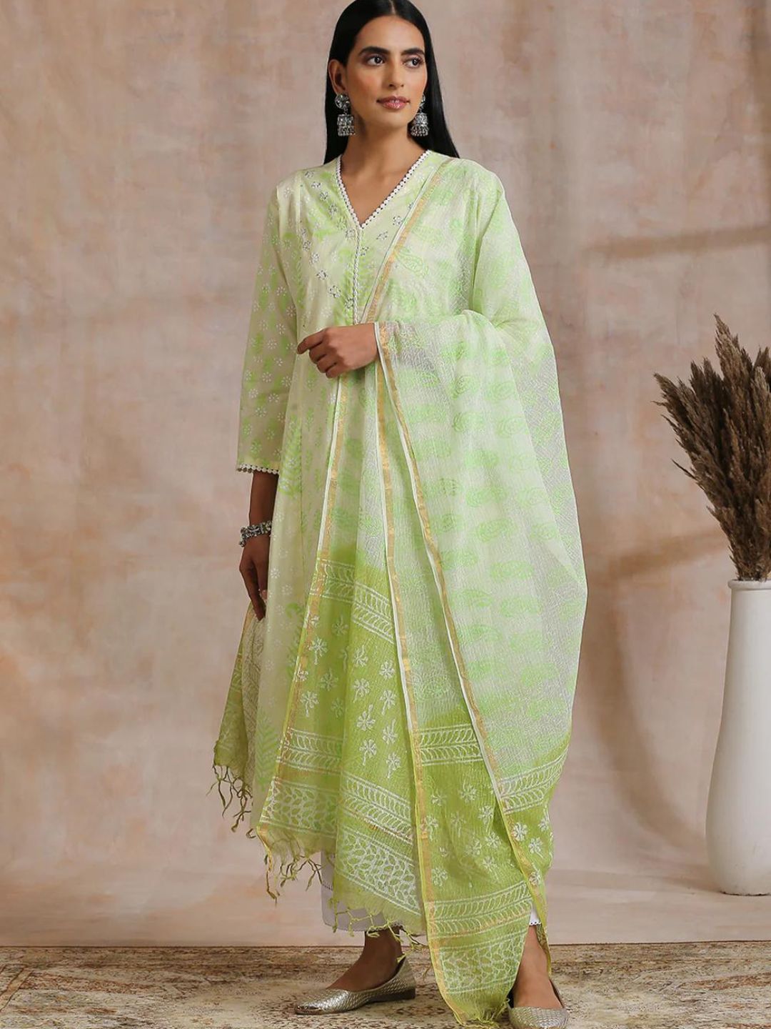 Fluorescent Green Khari Printed A-Line Kurta