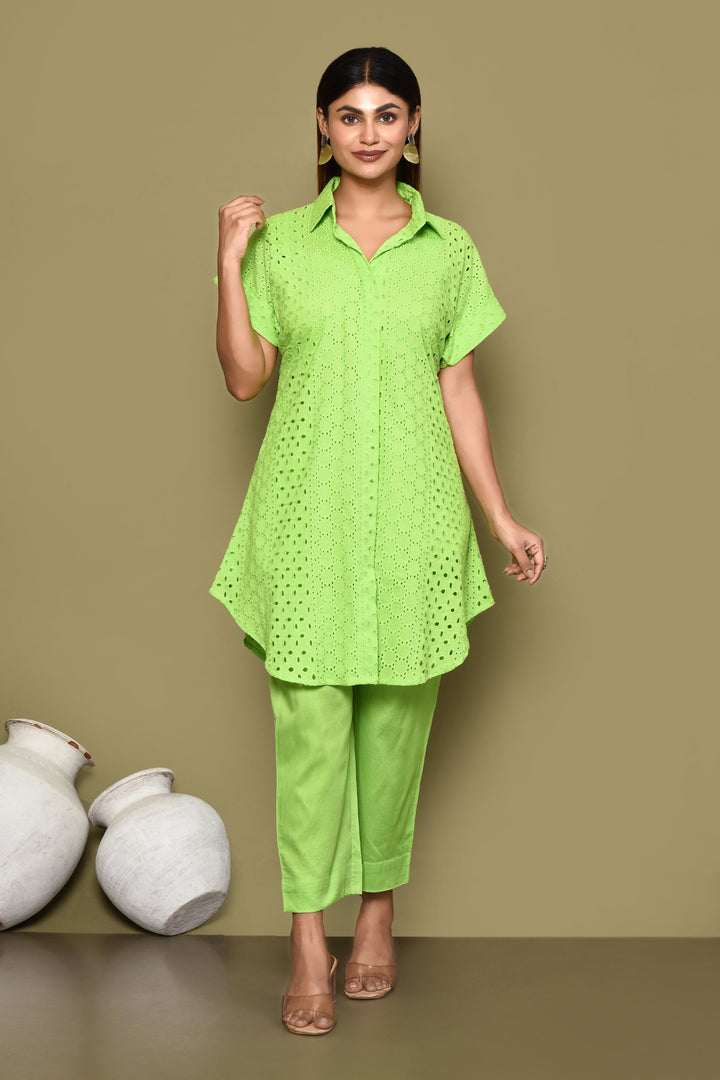 Fluroscent Green Schiffli Shirt And Pant Co-Ord Set With Slip