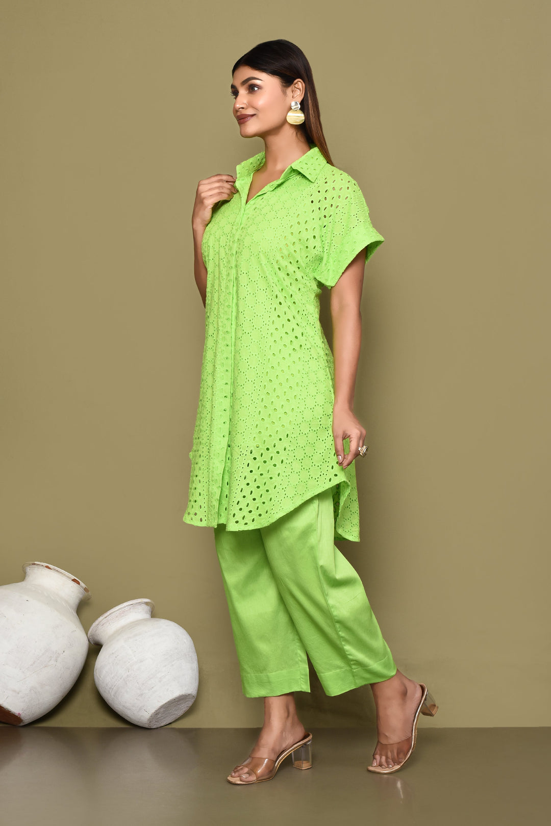 Fluroscent Green Schiffli Shirt And Pant Co-Ord Set With Slip