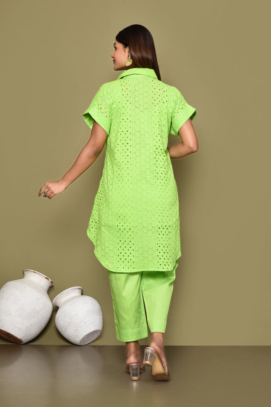 Fluroscent Green Schiffli Shirt And Pant Co-Ord Set With Slip