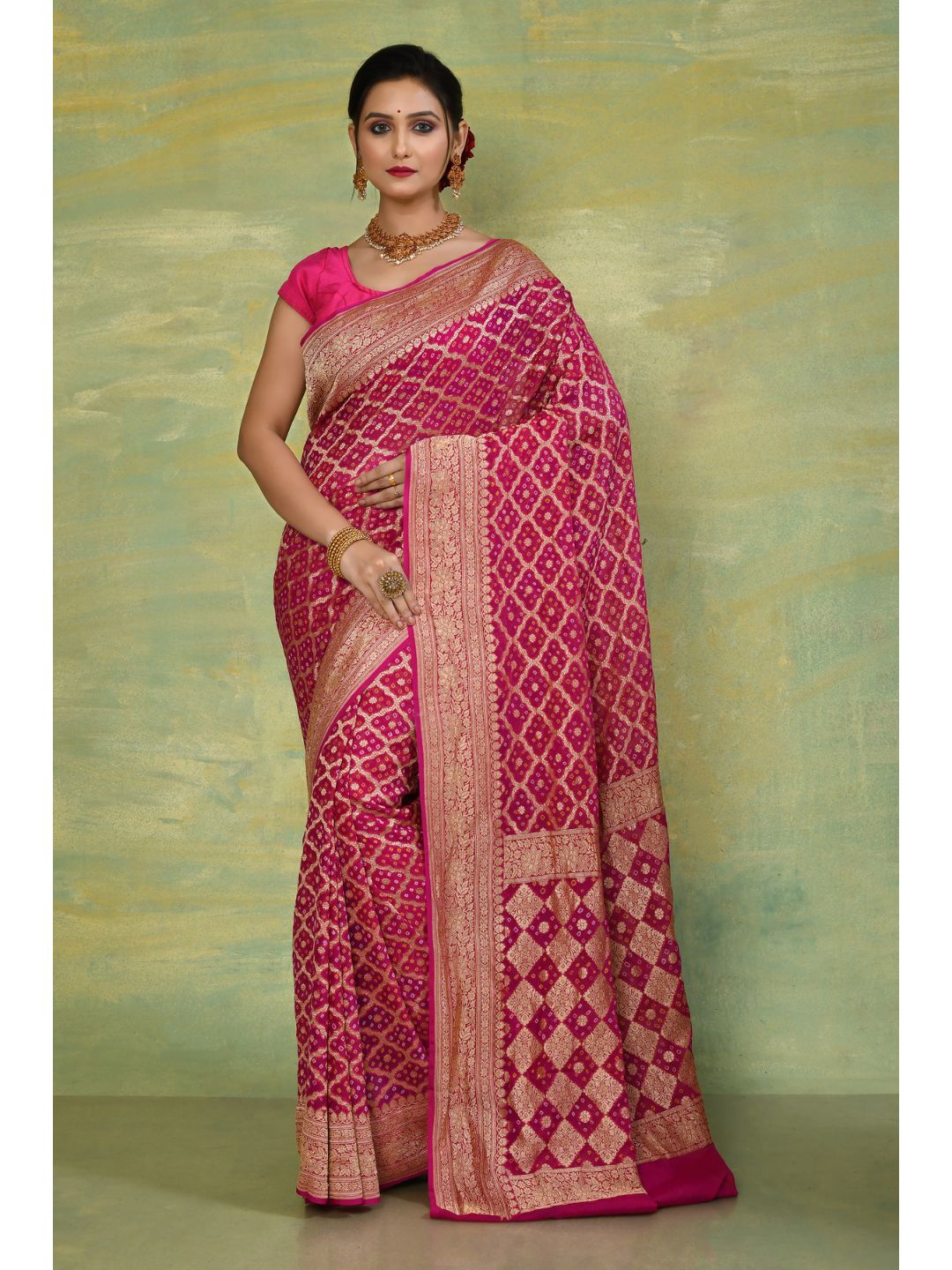 Fuchsia Pink Georgette Bandhej Banarasi Saree