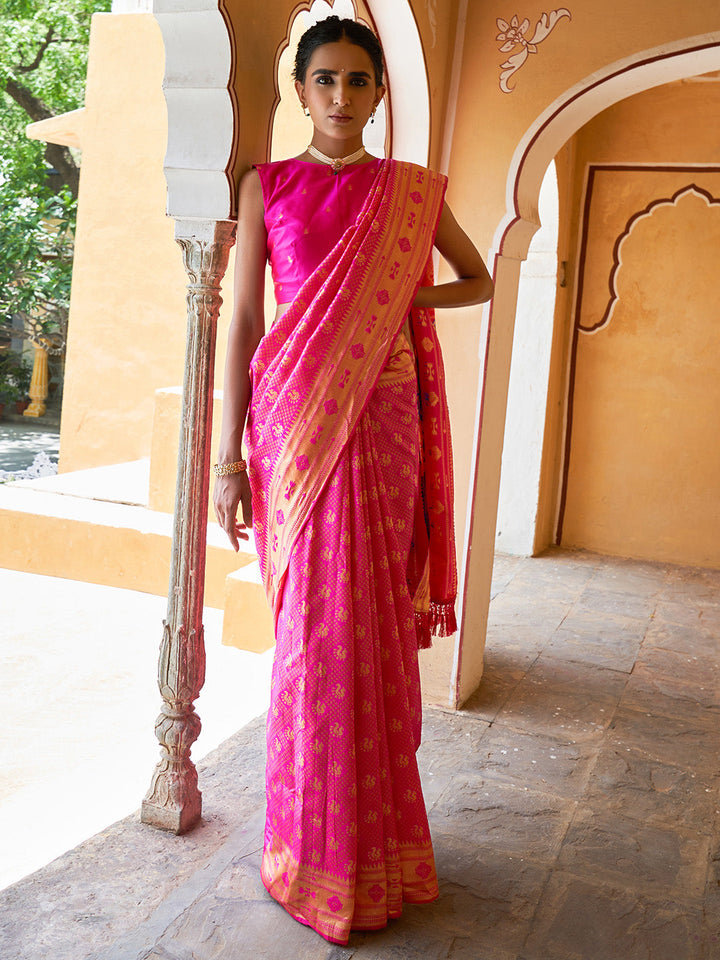 Fushia Pink Woven Ethnic Motifs Paithani Silk Festive Saree