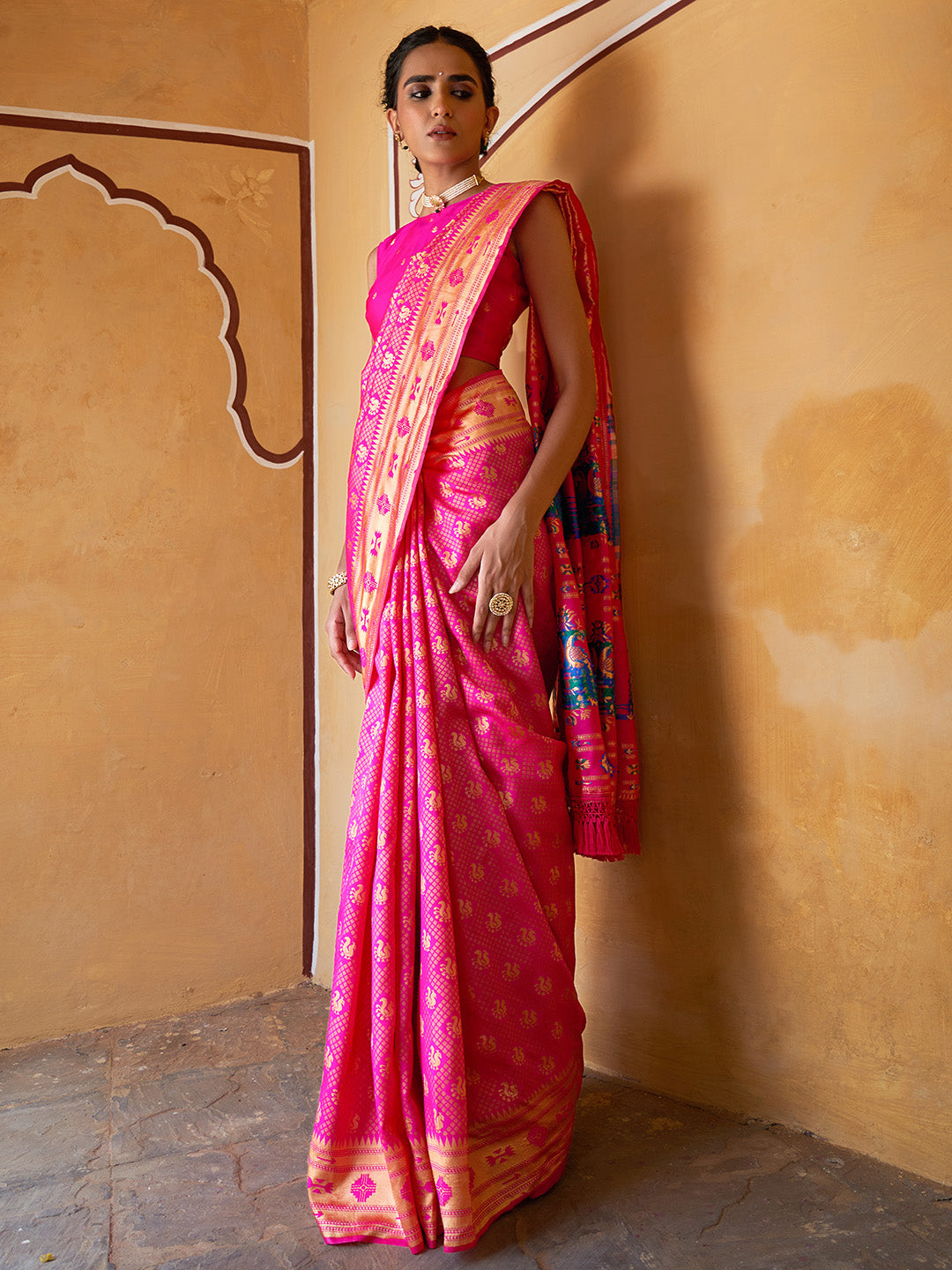 Fushia Pink Woven Ethnic Motifs Paithani Silk Festive Saree