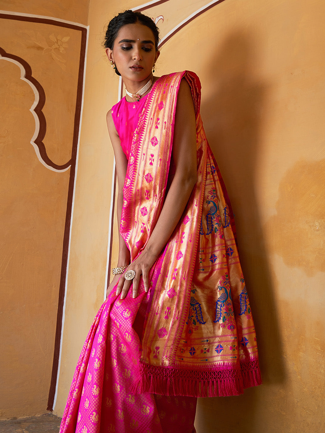 Fushia Pink Woven Ethnic Motifs Paithani Silk Festive Saree