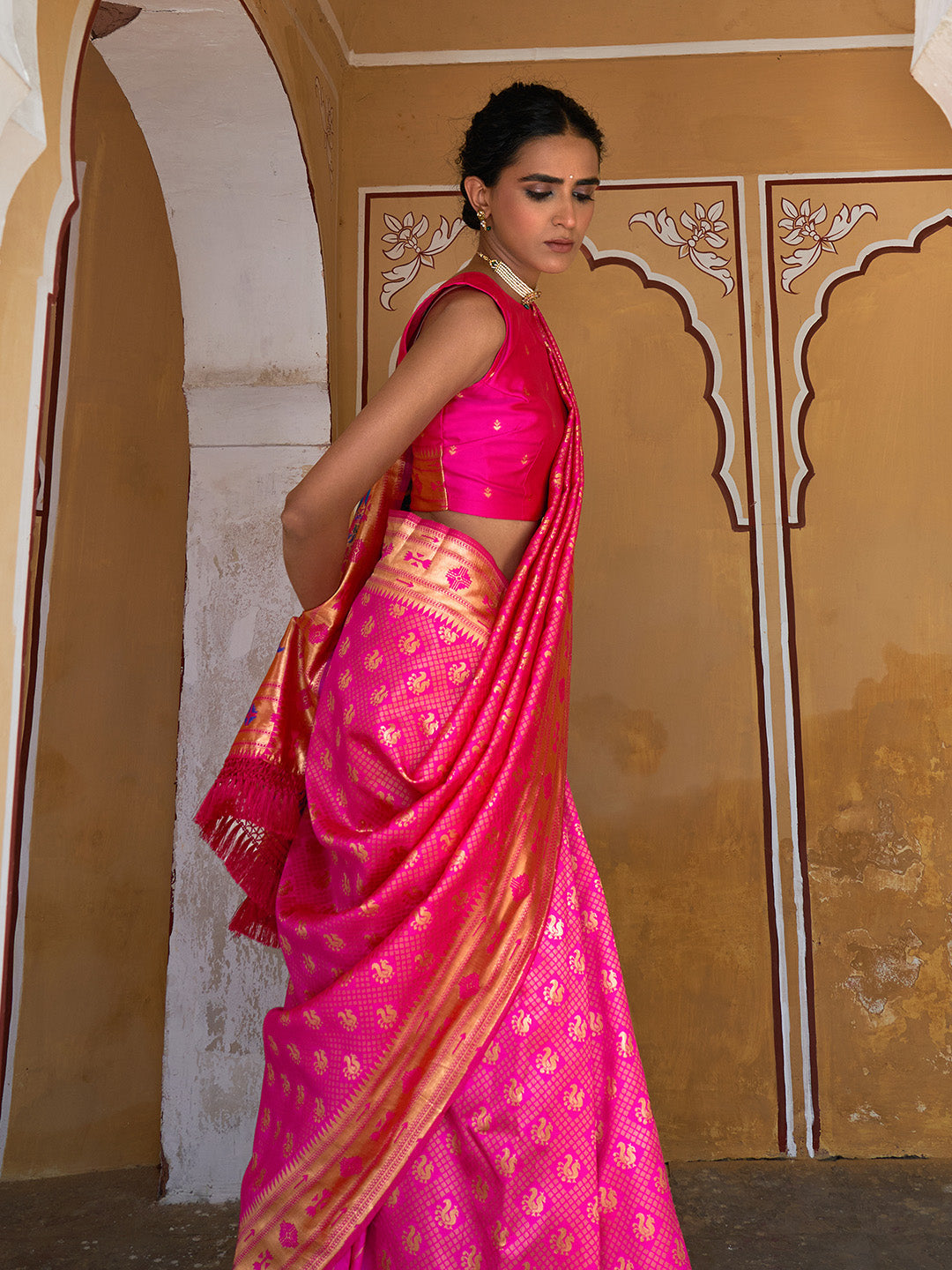 Fushia Pink Woven Ethnic Motifs Paithani Silk Festive Saree