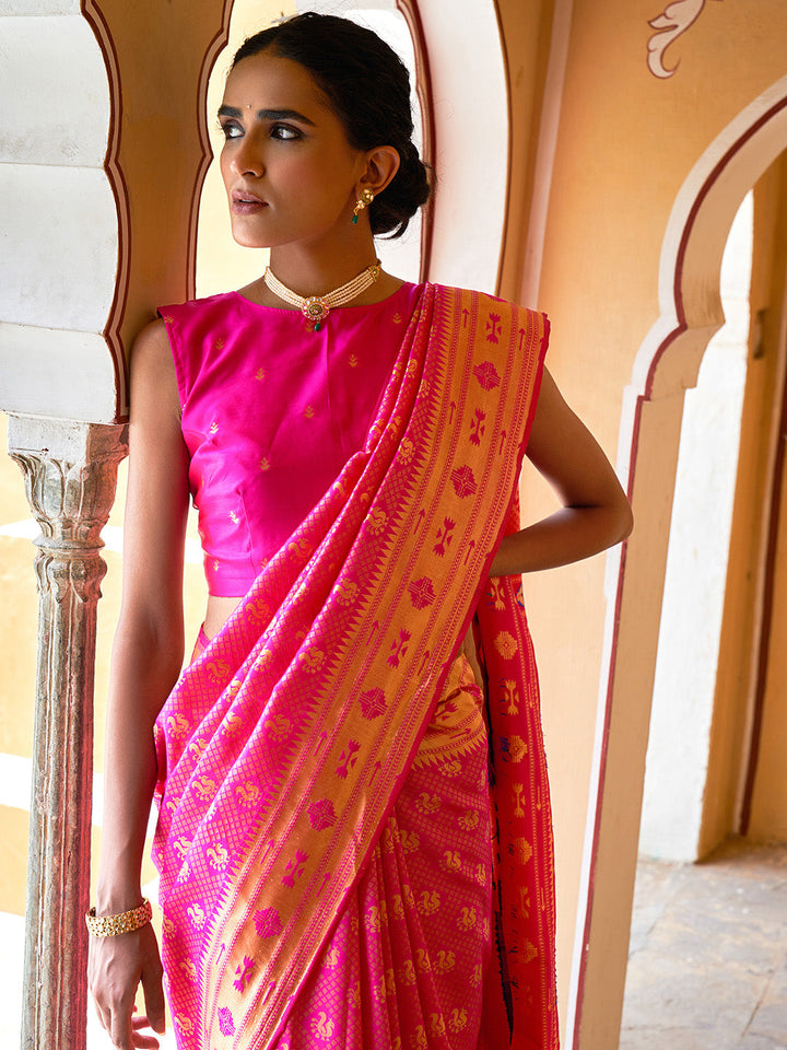 Fushia Pink Woven Ethnic Motifs Paithani Silk Festive Saree