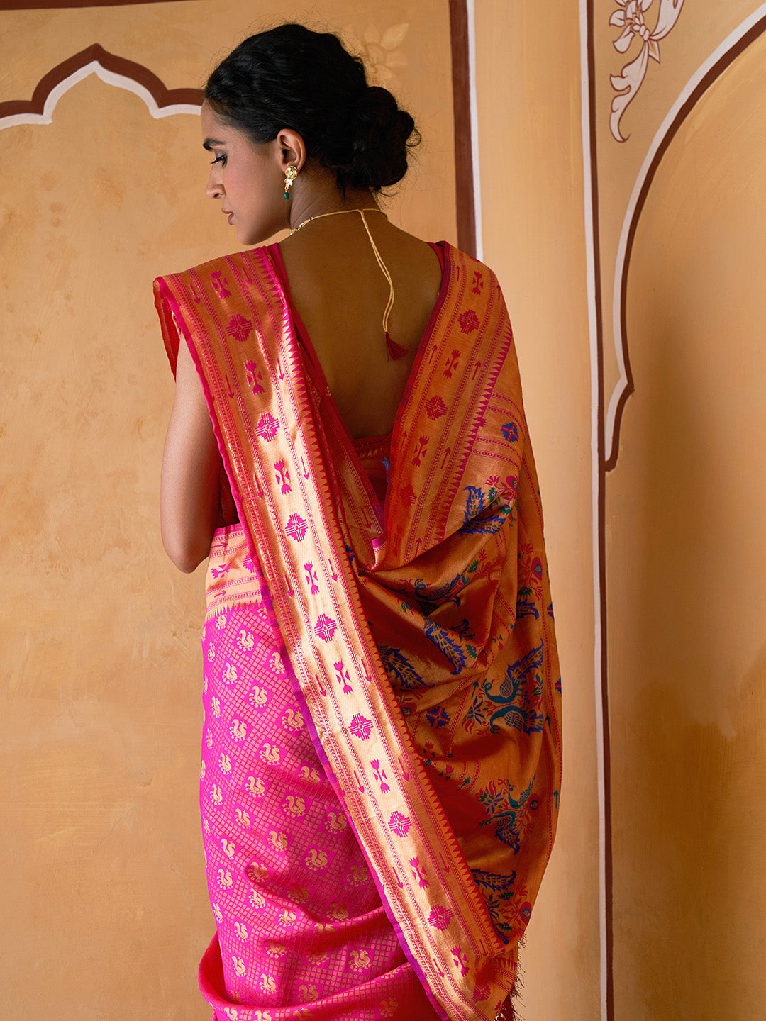 Fushia Pink Woven Ethnic Motifs Paithani Silk Festive Saree