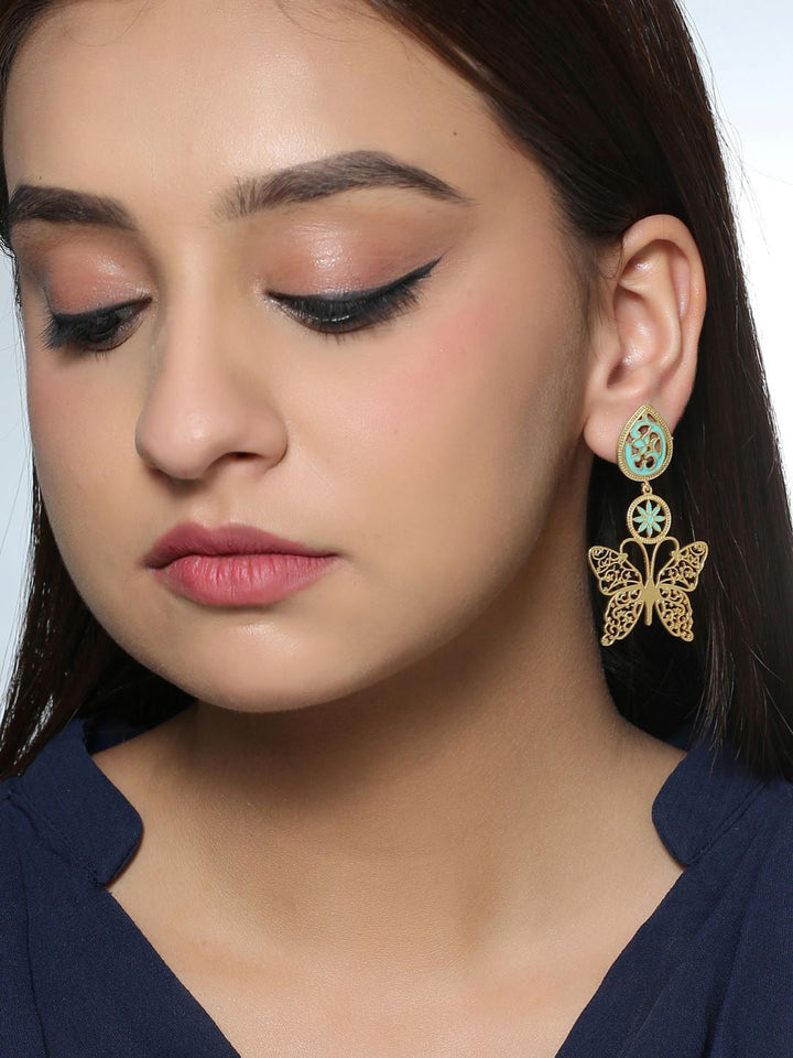 Gold-Matte Blue Meenakari Butterfly Earrings