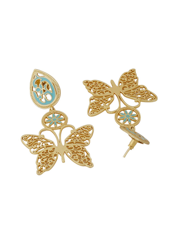 Gold-Matte Blue Meenakari Butterfly Earrings