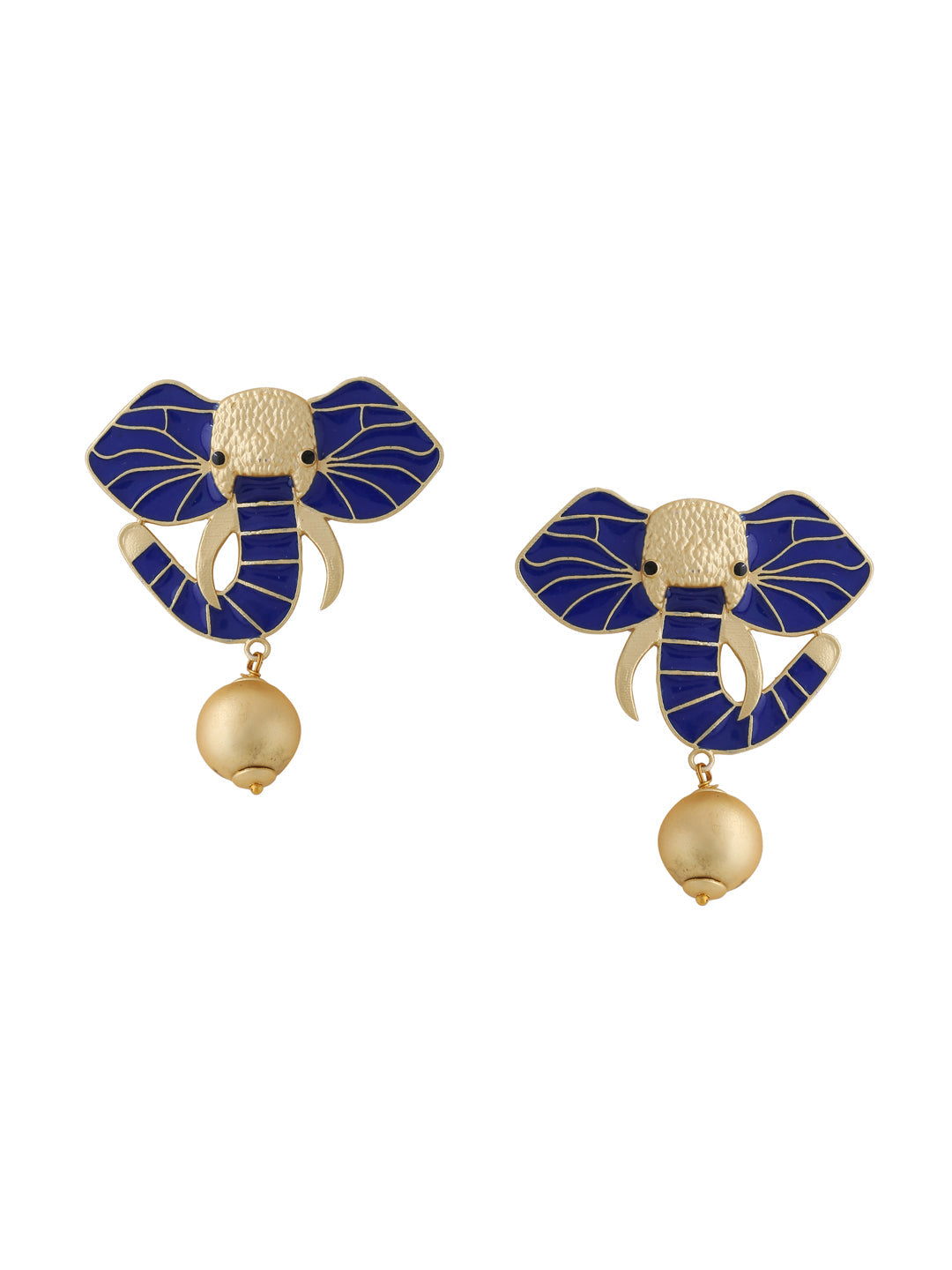 Gold-Matte Blue Meenakari Elephant Earrings