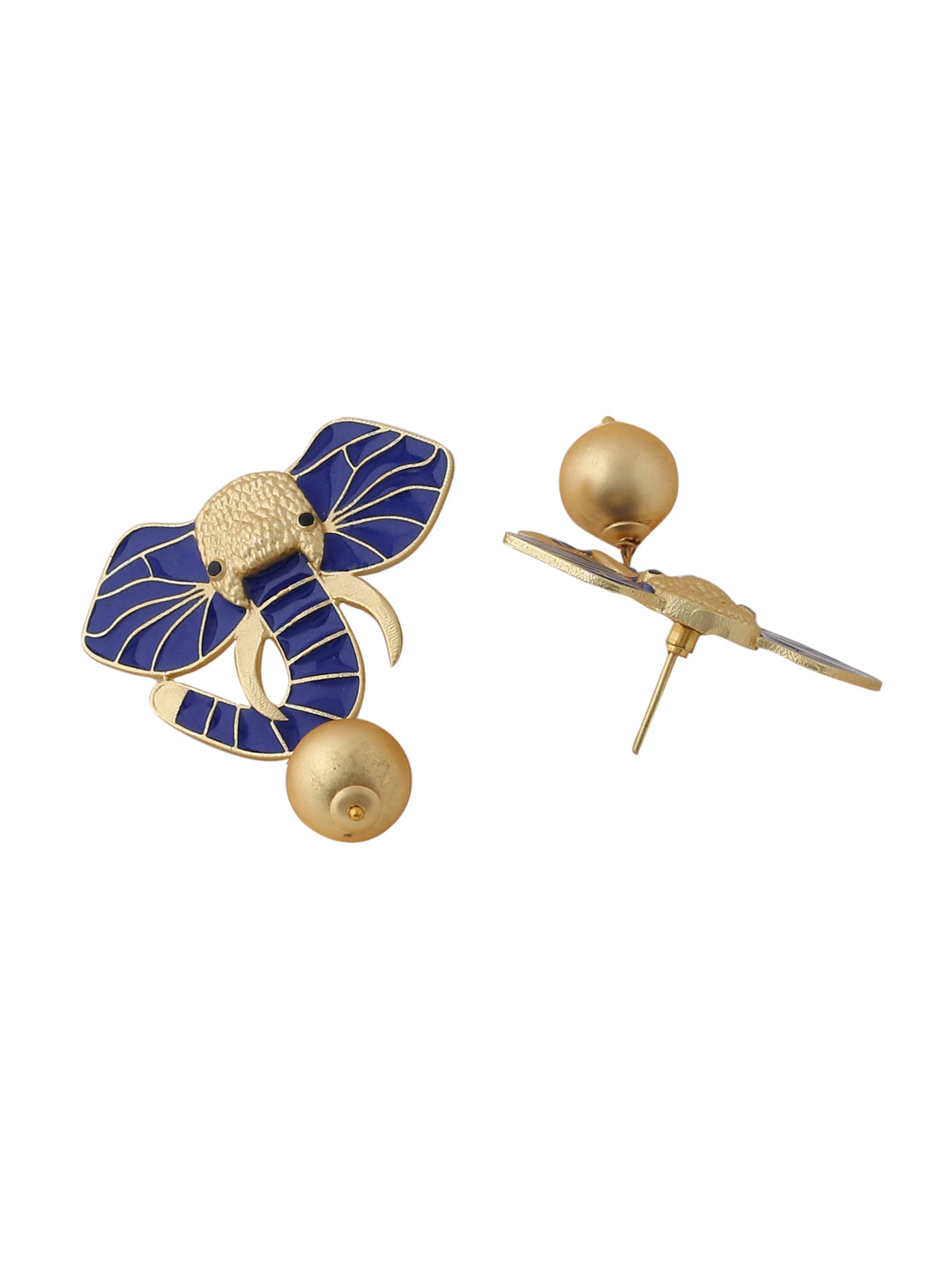 Gold-Matte Blue Meenakari Elephant Earrings