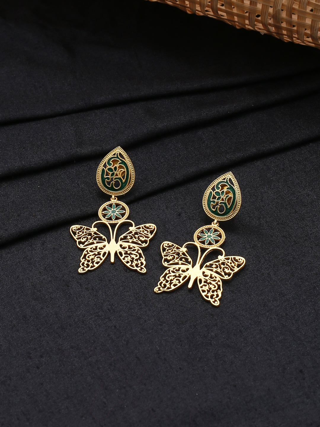 Gold-Matte Green Meenakari Butterfly Earrings