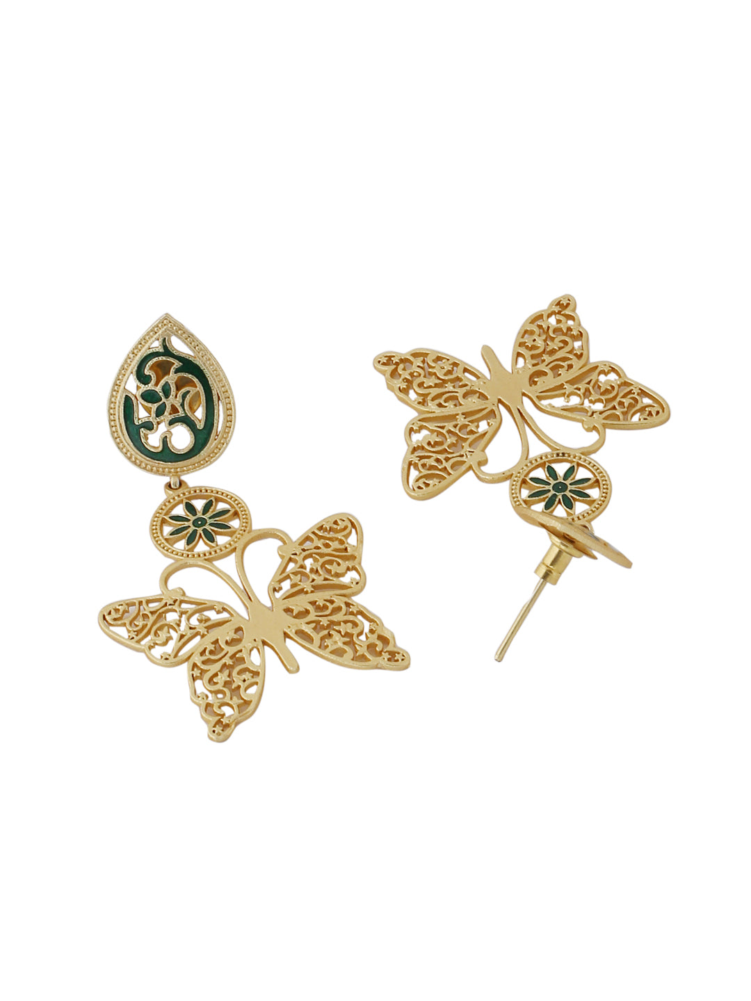 Gold-Matte Green Meenakari Butterfly Earrings