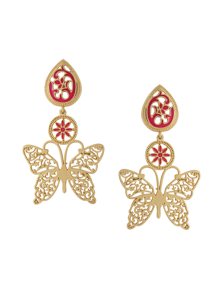 Gold-Matte Pink Meenakari Butterfly Earrings