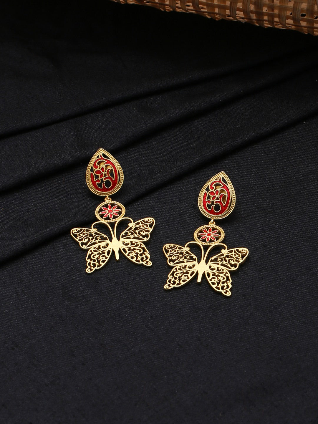 Gold-Matte Red Meenakari Butterfly Earrings