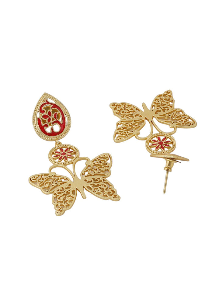Gold-Matte Red Meenakari Butterfly Earrings