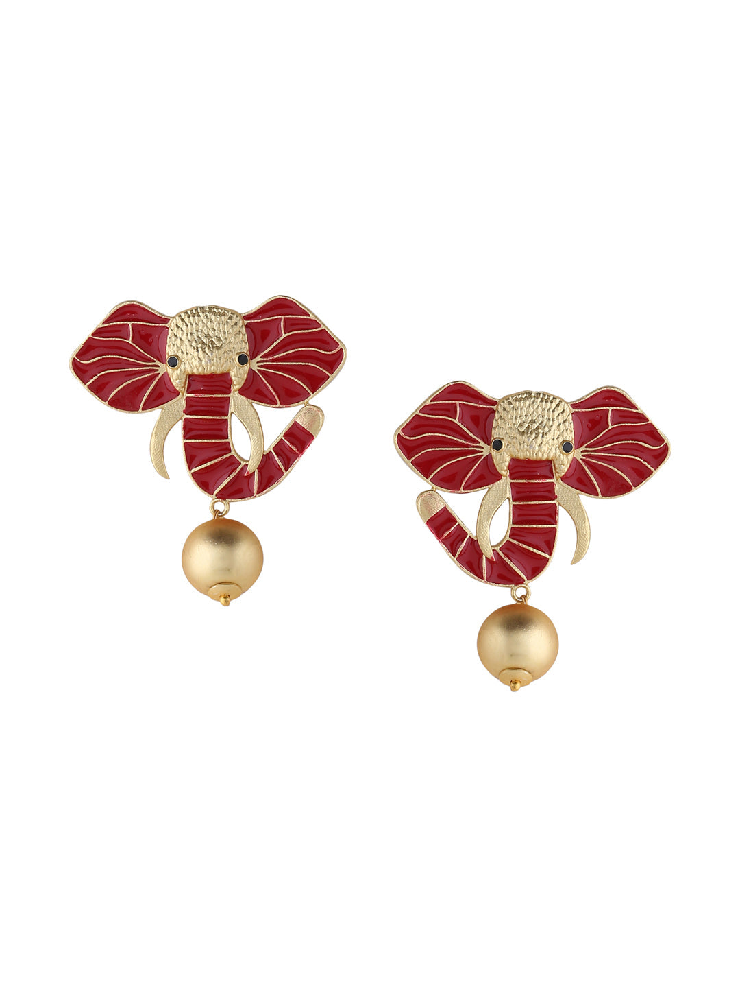 Gold-Matte Red Meenakari Elephant Earrings