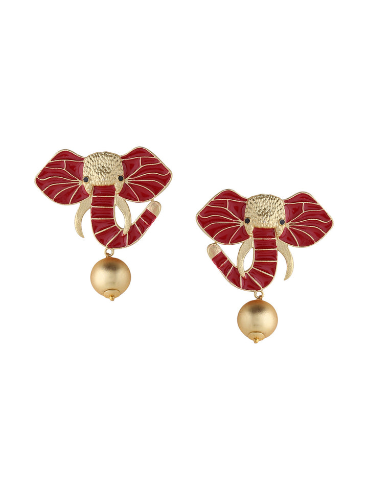 Gold-Matte Red Meenakari Elephant Earrings