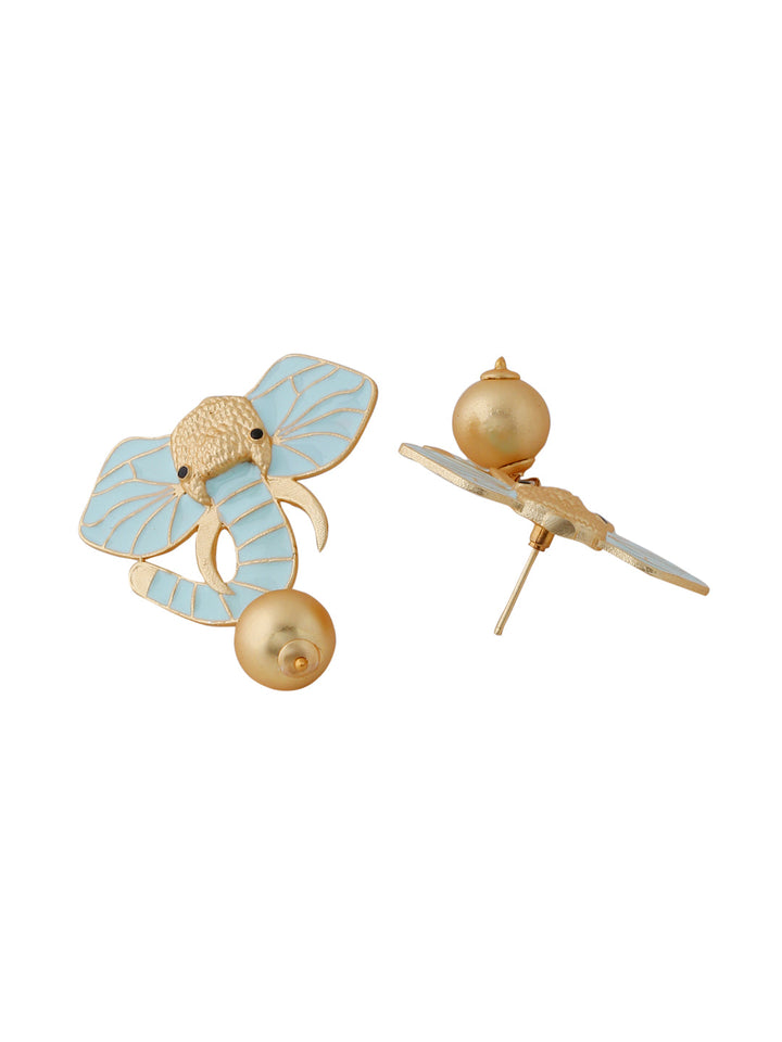 Gold-Matte Sky Meenakari Elephant Earrings