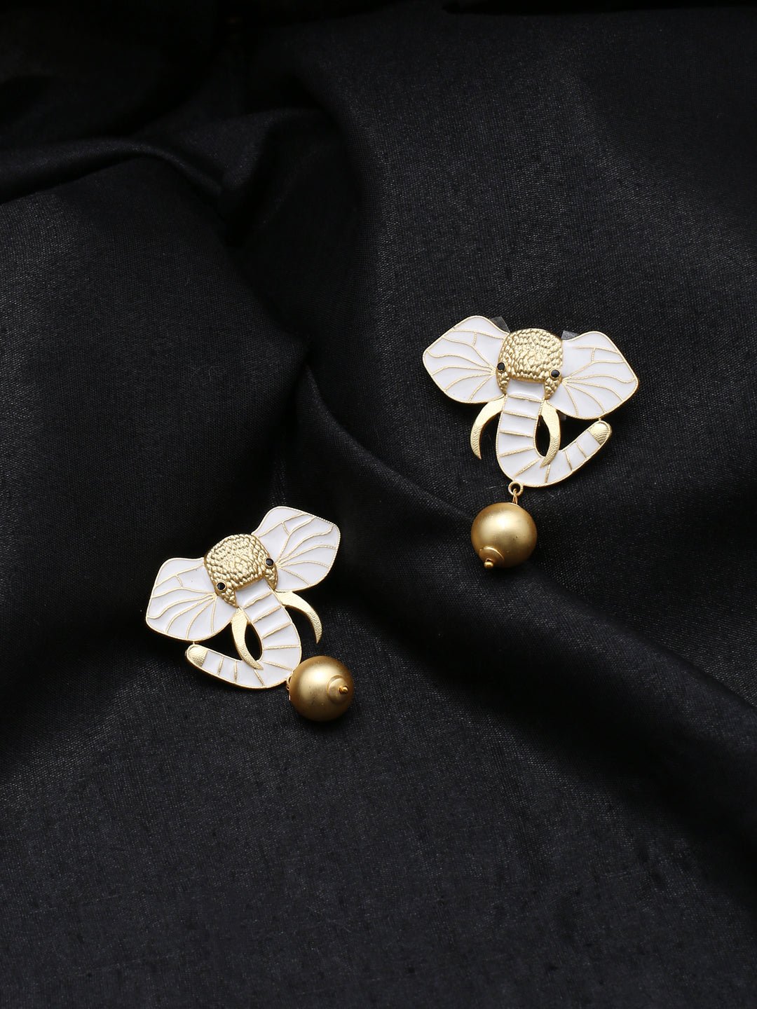 Gold-Matte White Meenakari Elephant Earrings