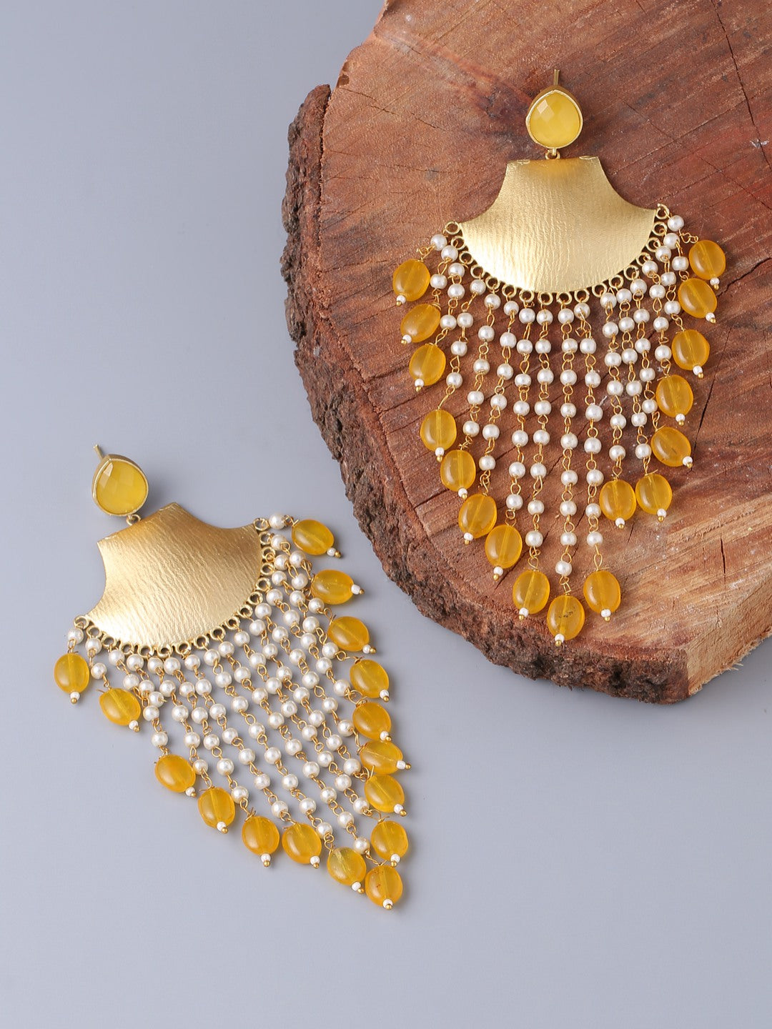 Gold-Matte Yellow Latkans Jhumka Earrings