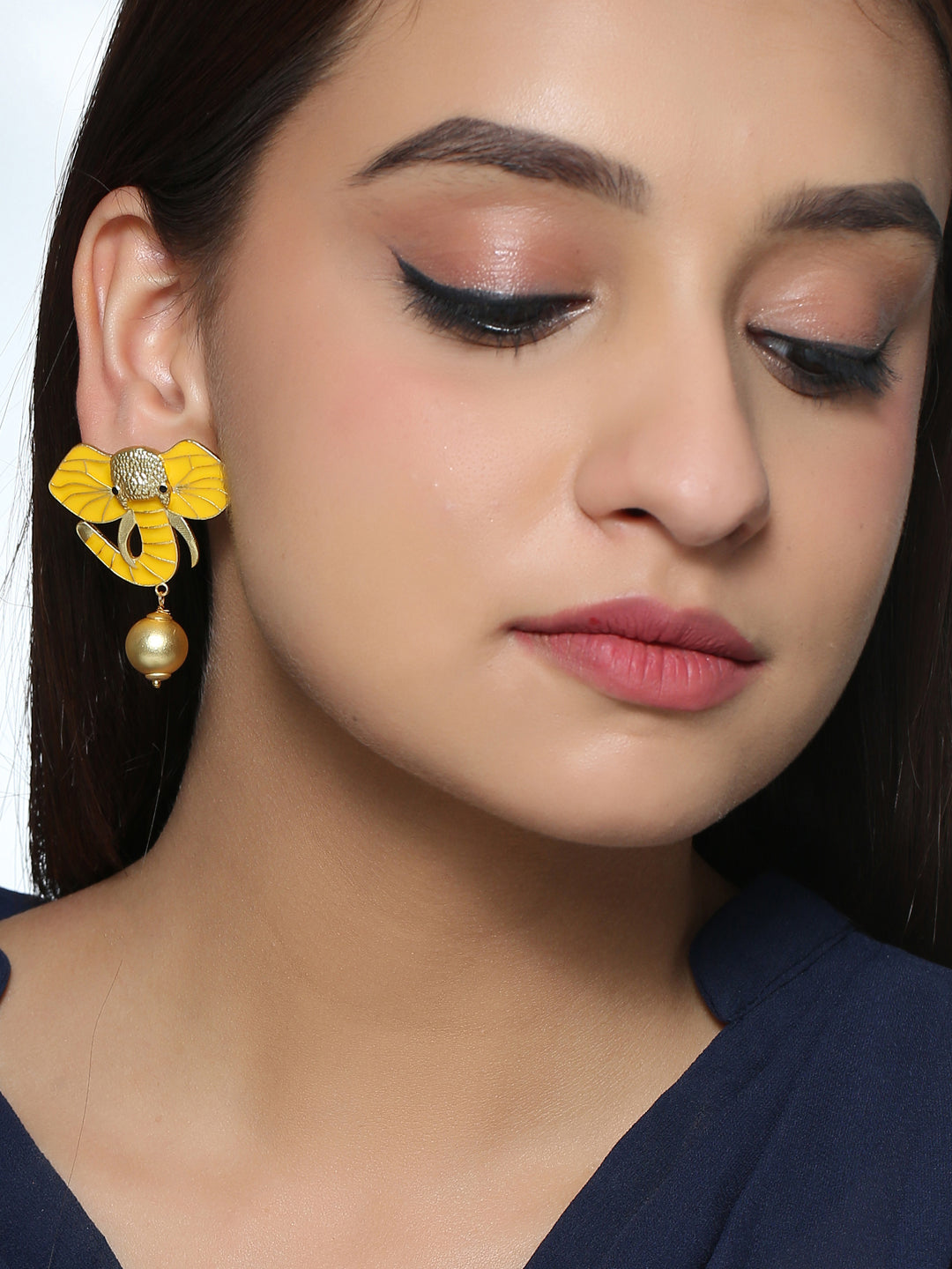 Gold-Matte Yellow Meenakari Elephant Earrings