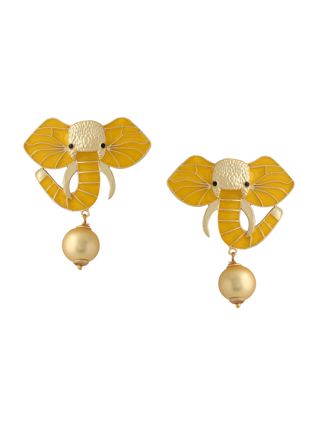 Gold-Matte Yellow Meenakari Elephant Earrings