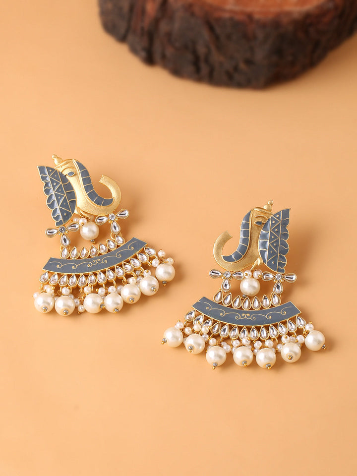 Gold Plated Grey Meenakari Kundan Earrings