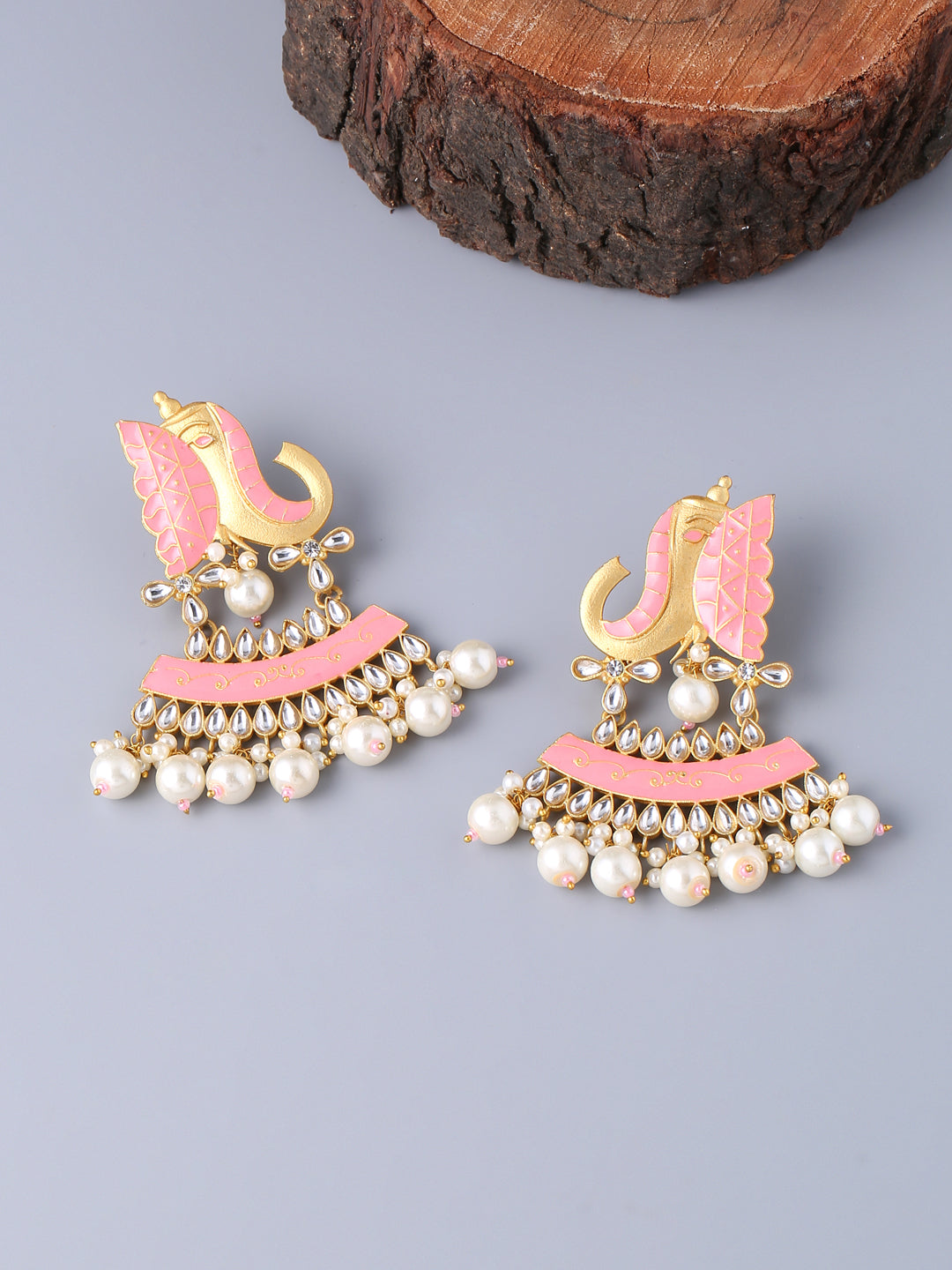 Gold Plated Pink Meenakari Kundan Earrings