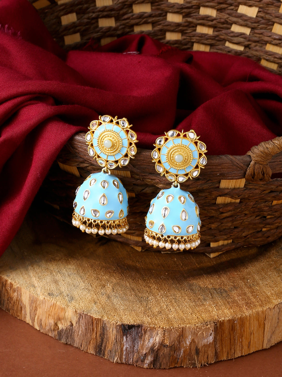 Gold Plated Sky Blue Meenakari Kundan Jhumka