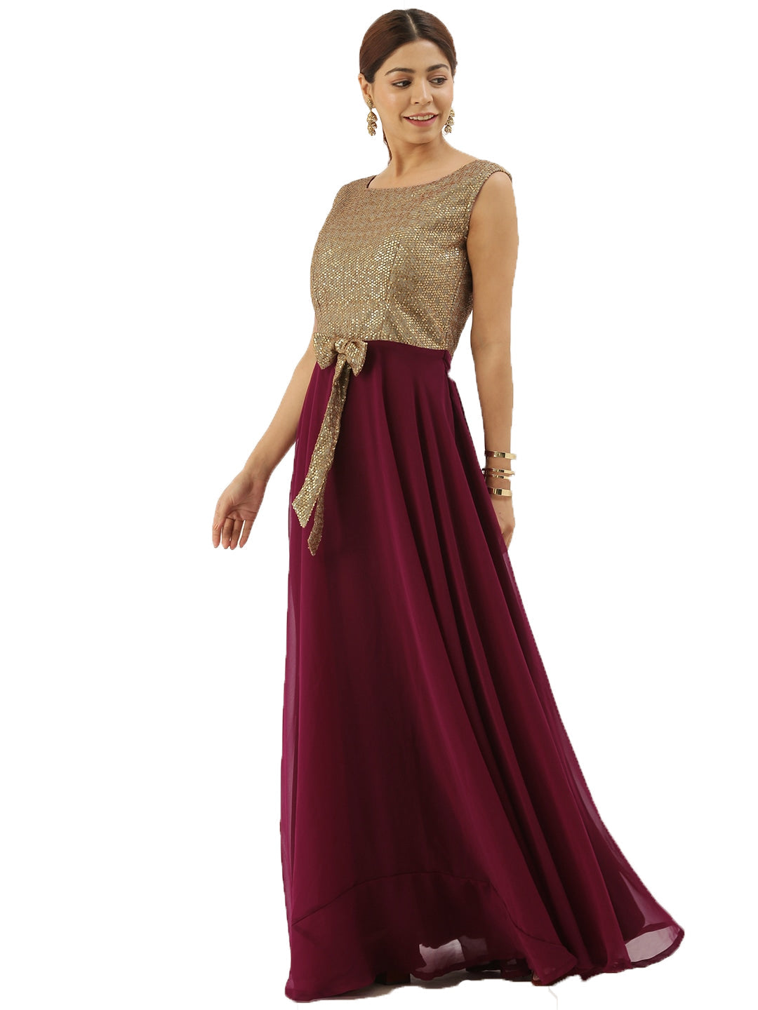 Gold-Sequins-N-Purple-Georgette-Flared-Gown