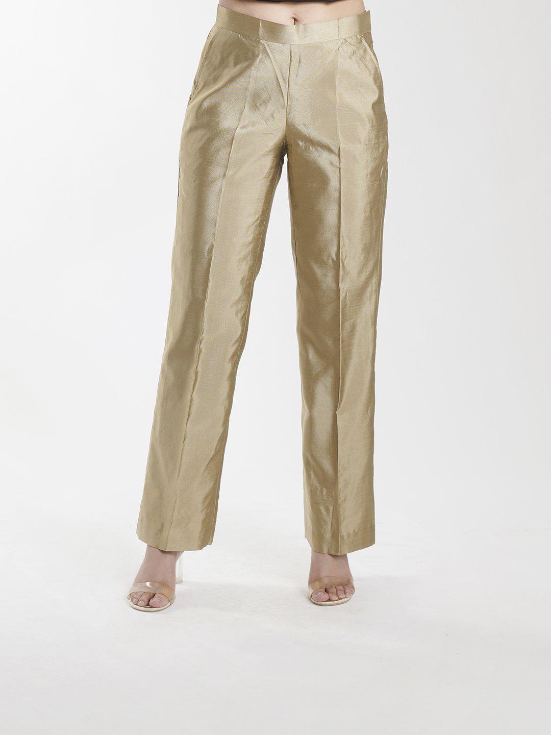 Golden Beige Cotton Silk Trouser