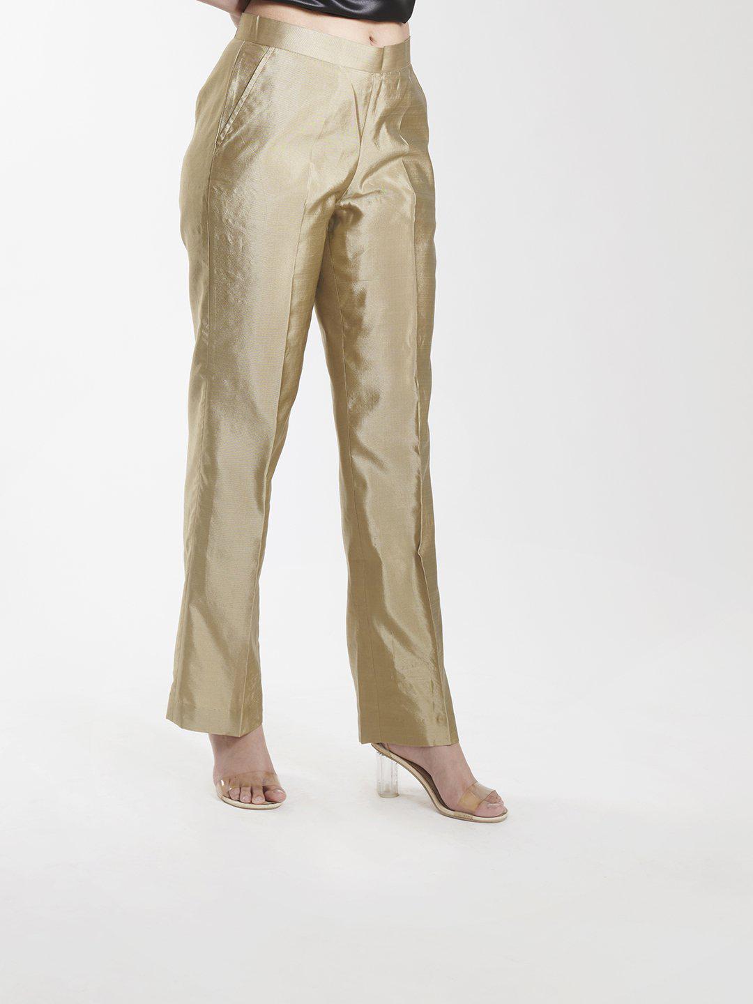 Golden Beige Cotton Silk Trouser