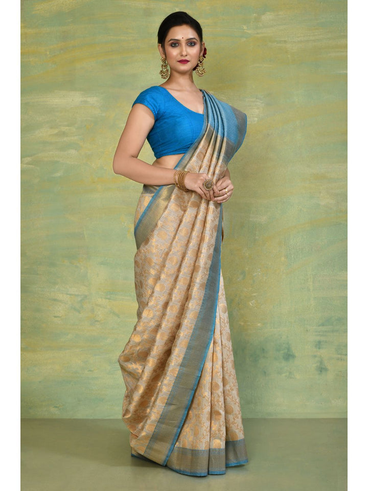 Golden Beige & Blue Munga Silk Banarasi Saree