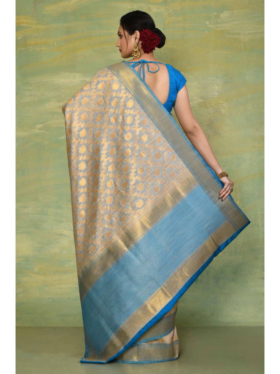 Golden Beige & Blue Munga Silk Banarasi Saree