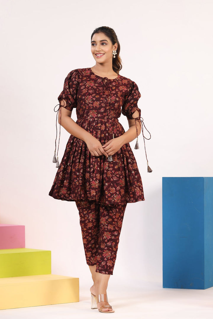 Golden Maroon Mix Cotton Printed Co-Ord Set