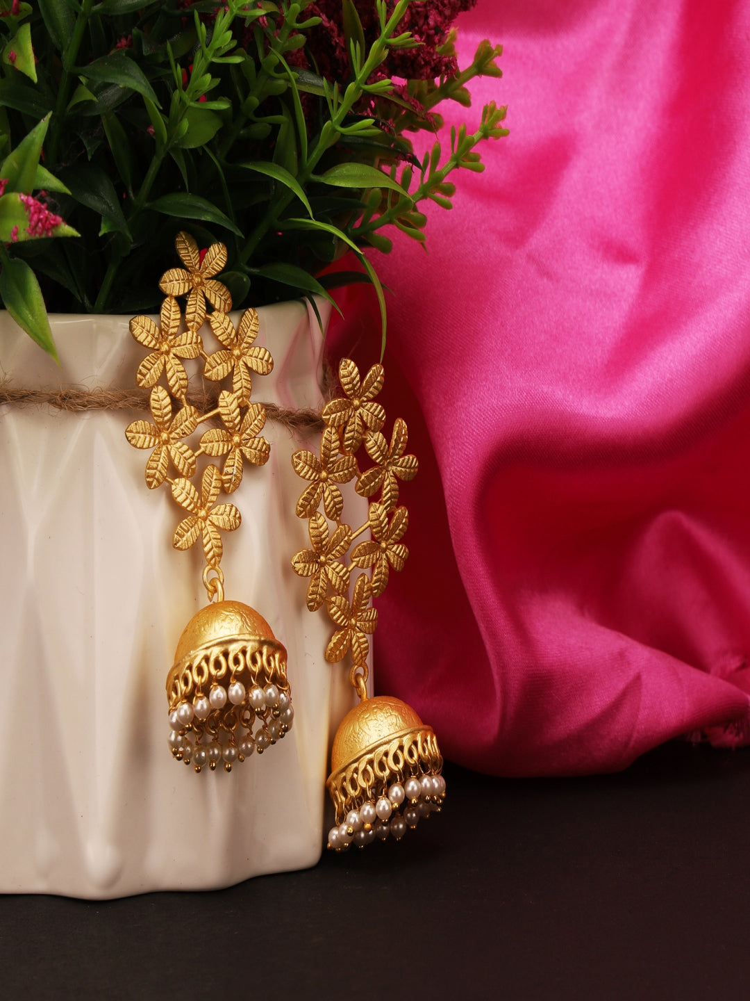 Golden Matte Finish Brass Jhumki Earrings