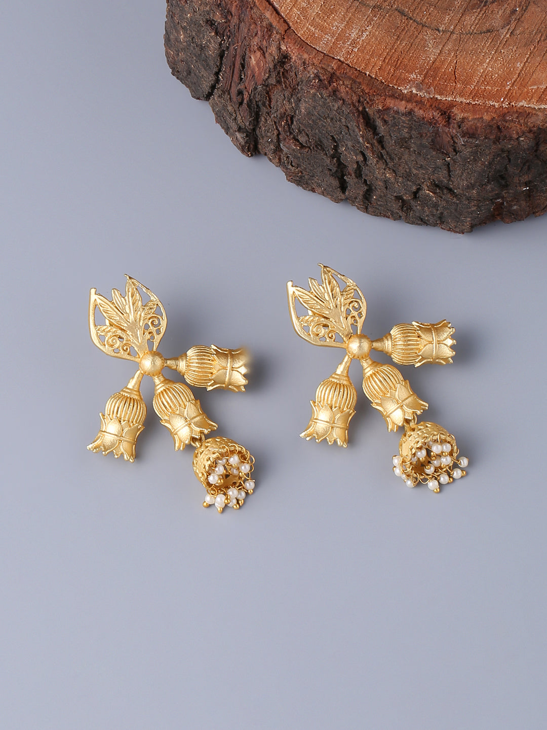 Golden Matte Sun Earrings With Pearl Work