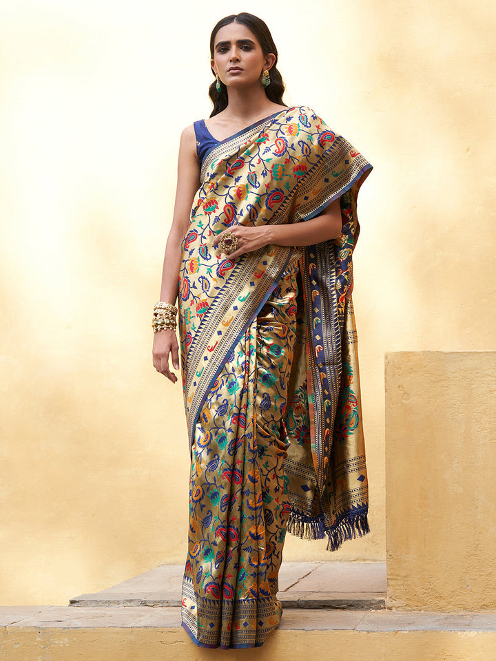 Golden Woven Floral Design Paithani Silk Festive Saree