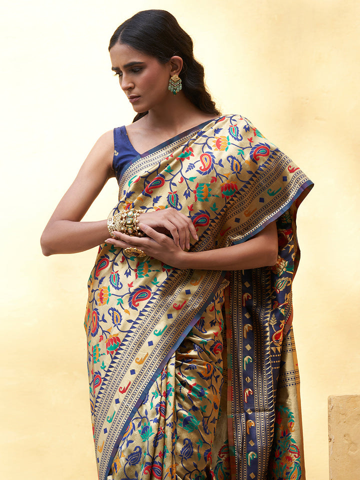 Golden Woven Floral Design Paithani Silk Festive Saree