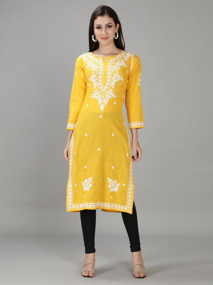 Golden Yellow Cotton Straight Chikan Kurta