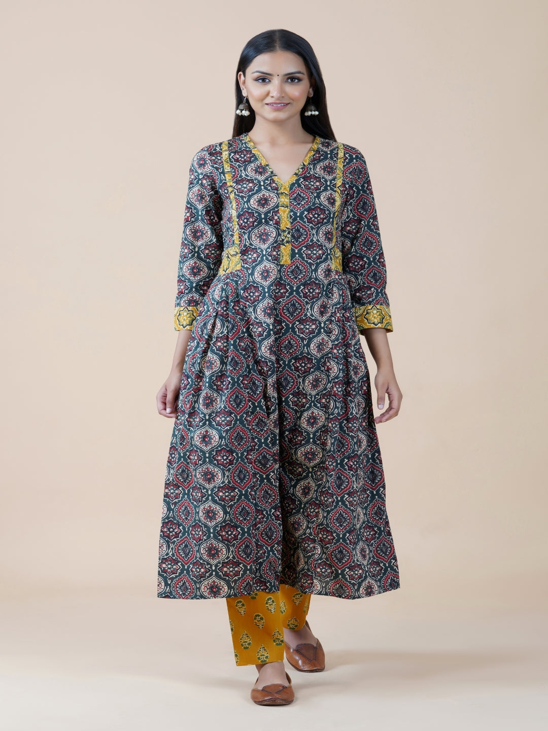 Green Ajrakh A Line Kurta Only