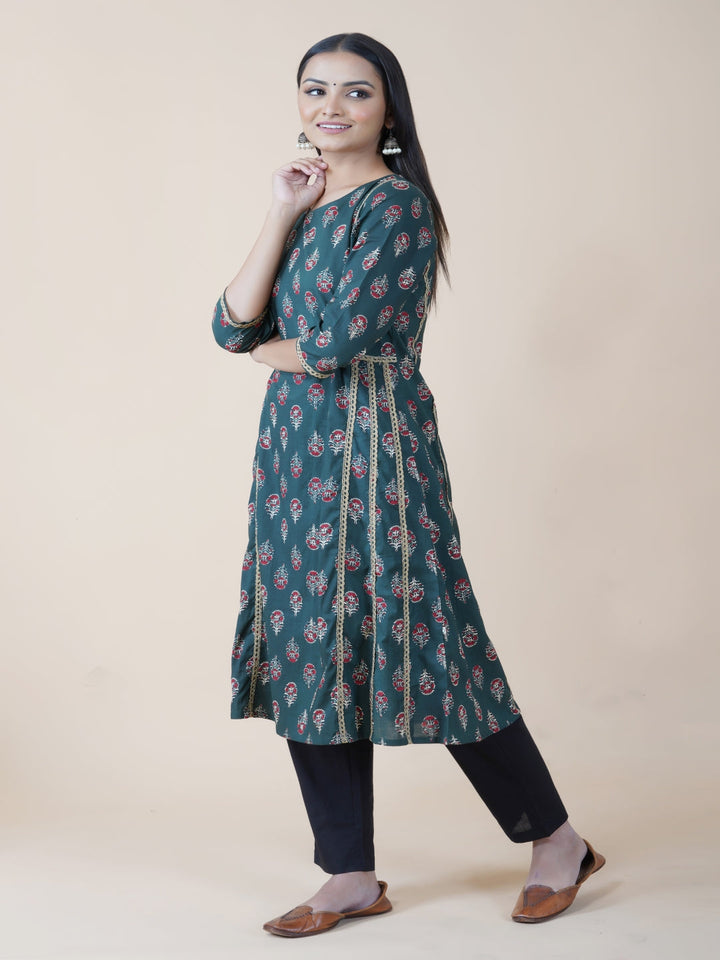 Green Ajrakh Print A Line Kurta Only