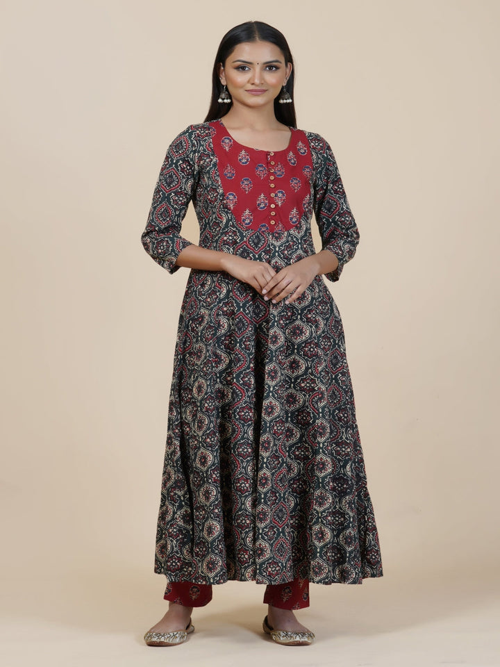 Green Ajrakh Print Anarkali Kurta Only