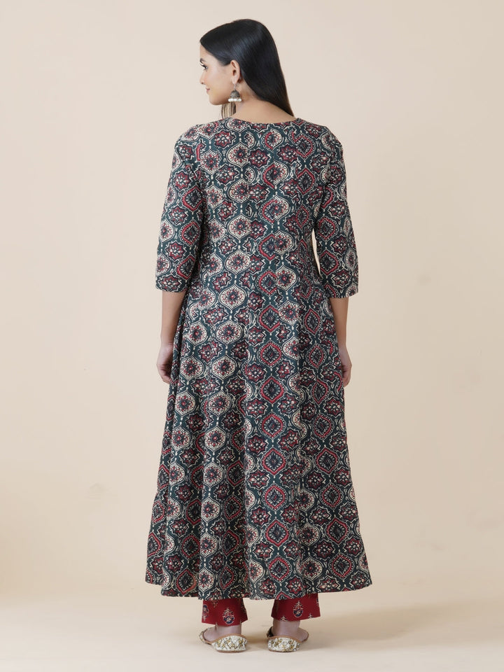 Green Ajrakh Print Anarkali Kurta Only