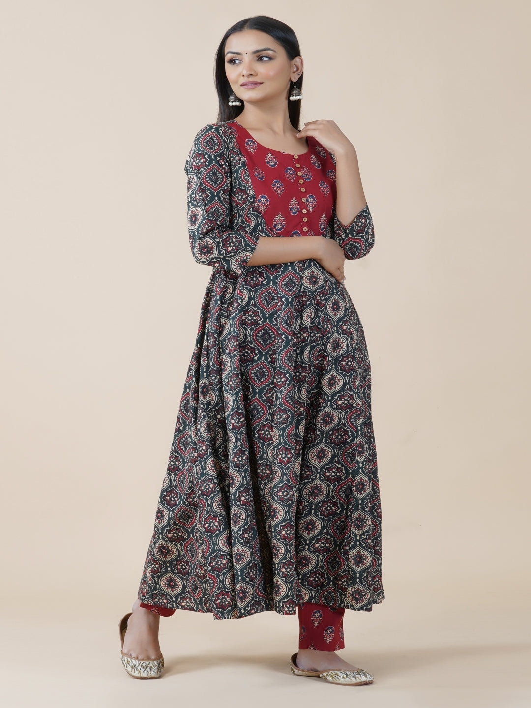 Green Ajrakh Print Anarkali Kurta Only