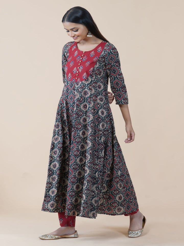 Green Ajrakh Print Anarkali Kurta Only